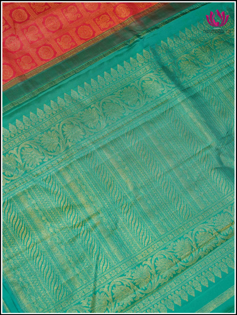 Kanchipuram Silk Saree in Red and Teal Blue 4