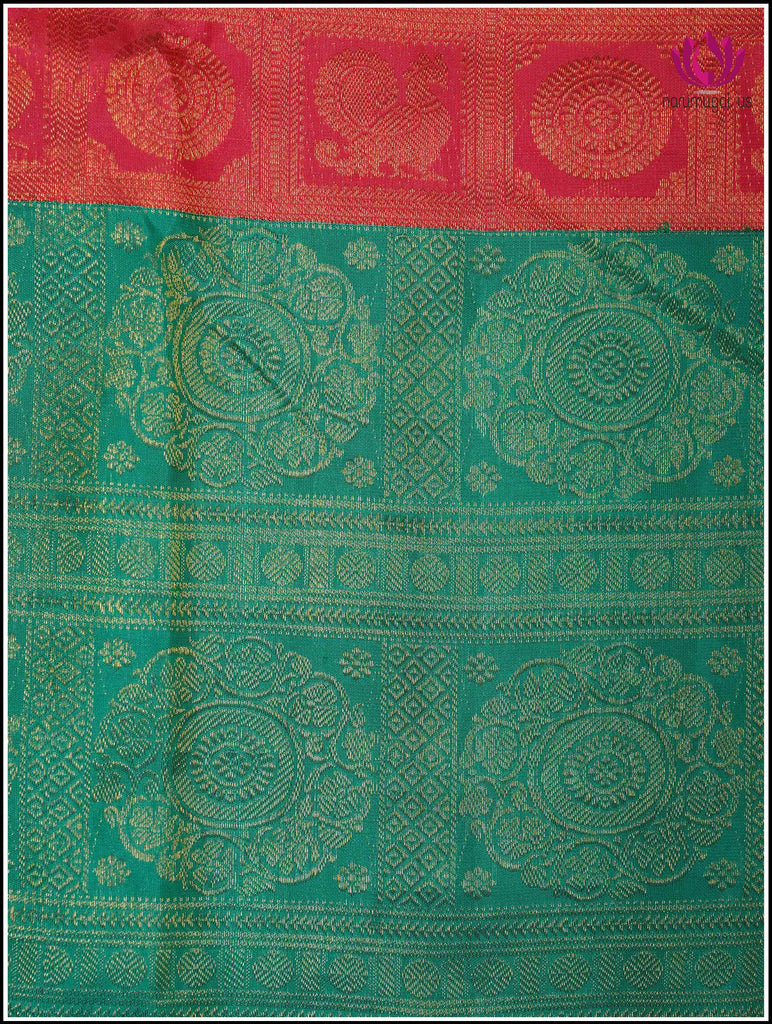 Kanchipuram Silk Saree in Red and Teal Blue 7