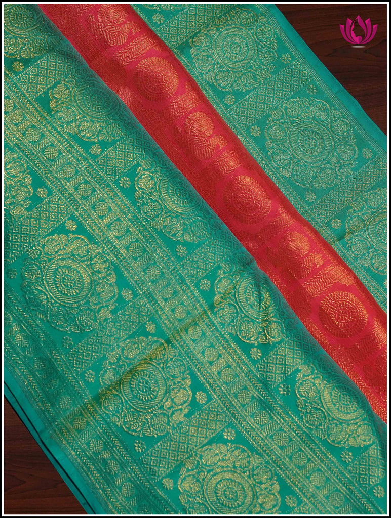 Kanchipuram Silk Saree in Red and Teal Blue 10