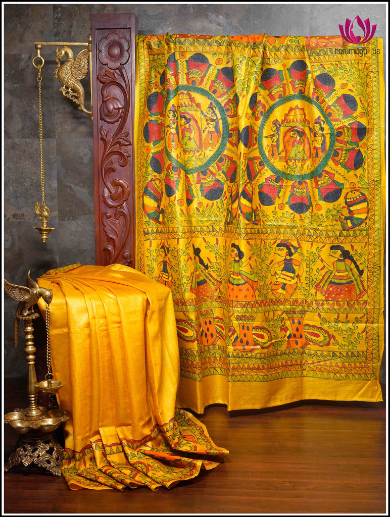 Gachi Tussar silk saree in bright Yellow with hand painted Madhubani - Silk Mark Certified