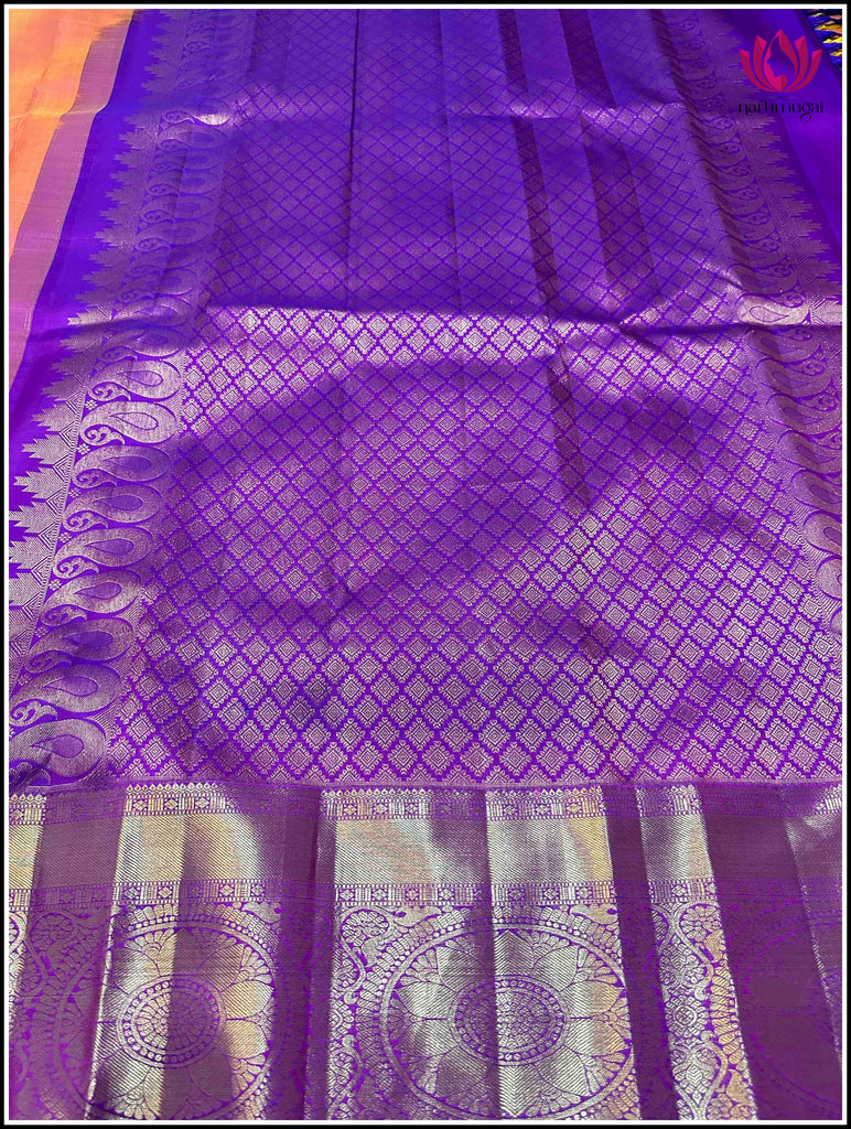 Kanchipuram Silk saree in Golden peach and Purple 6