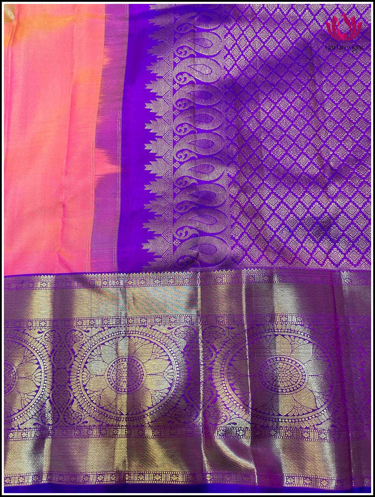 Kanchipuram Silk saree in Golden peach and Purple 7