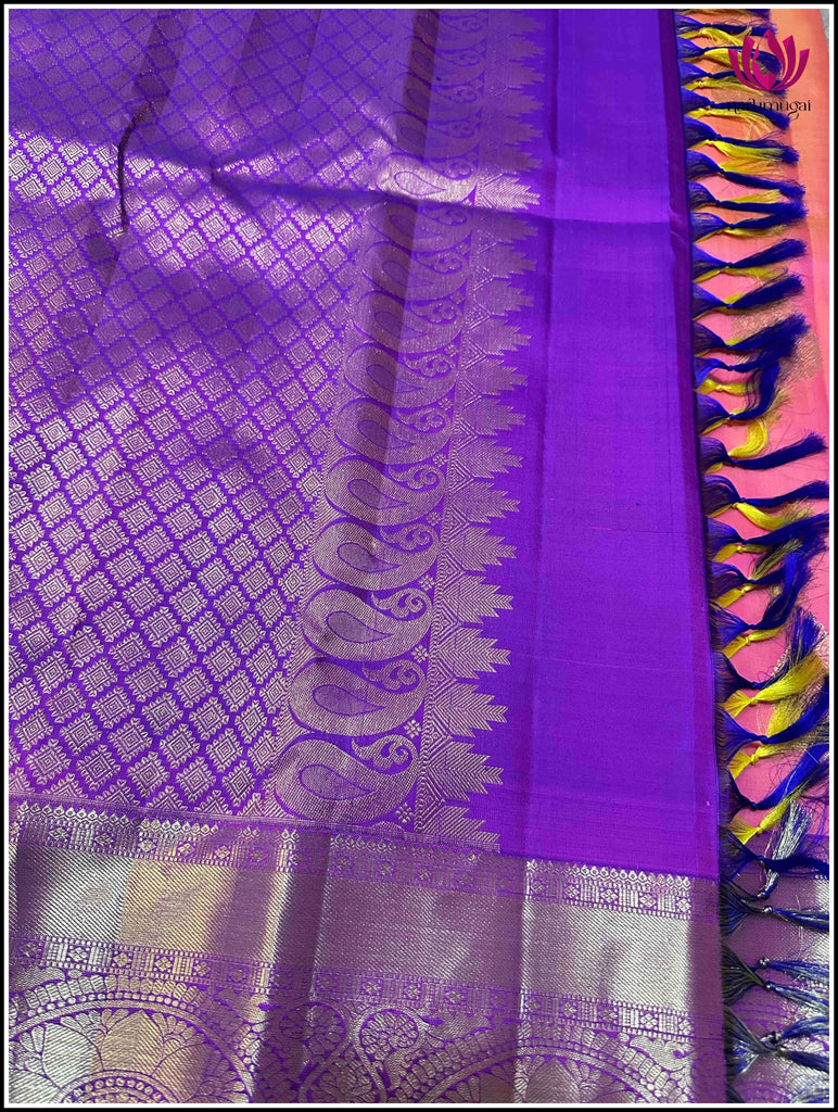 Kanchipuram Silk saree in Golden peach and Purple 4