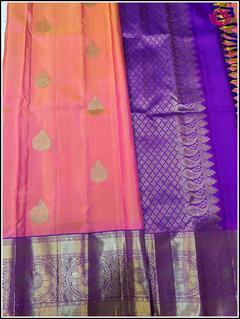 Kanchipuram Silk saree in Golden peach and Purple 10