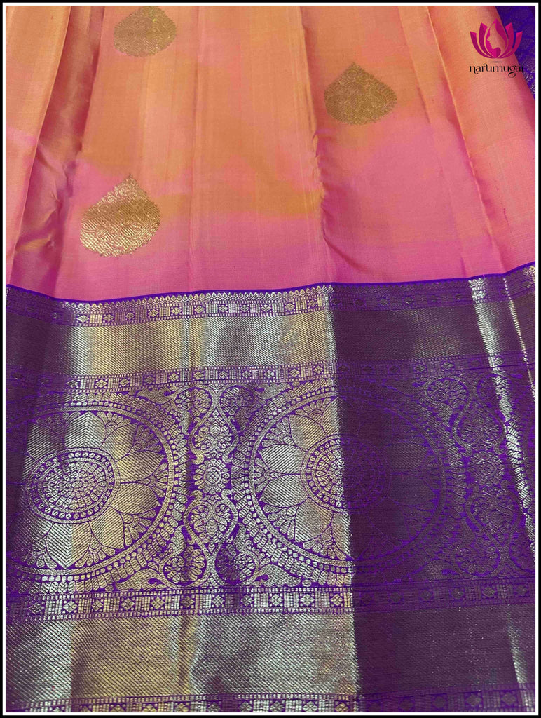 Kanchipuram Silk saree in Golden peach and Purple 9