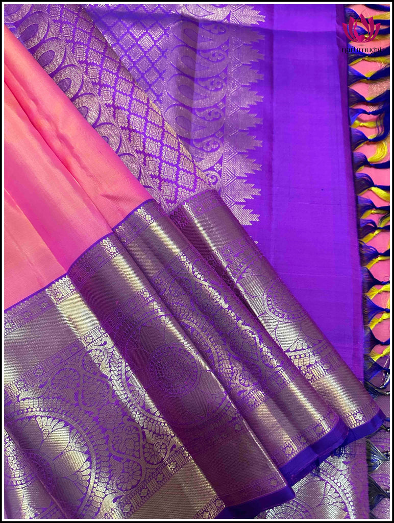 Kanchipuram Silk saree in Golden peach and Purple 3