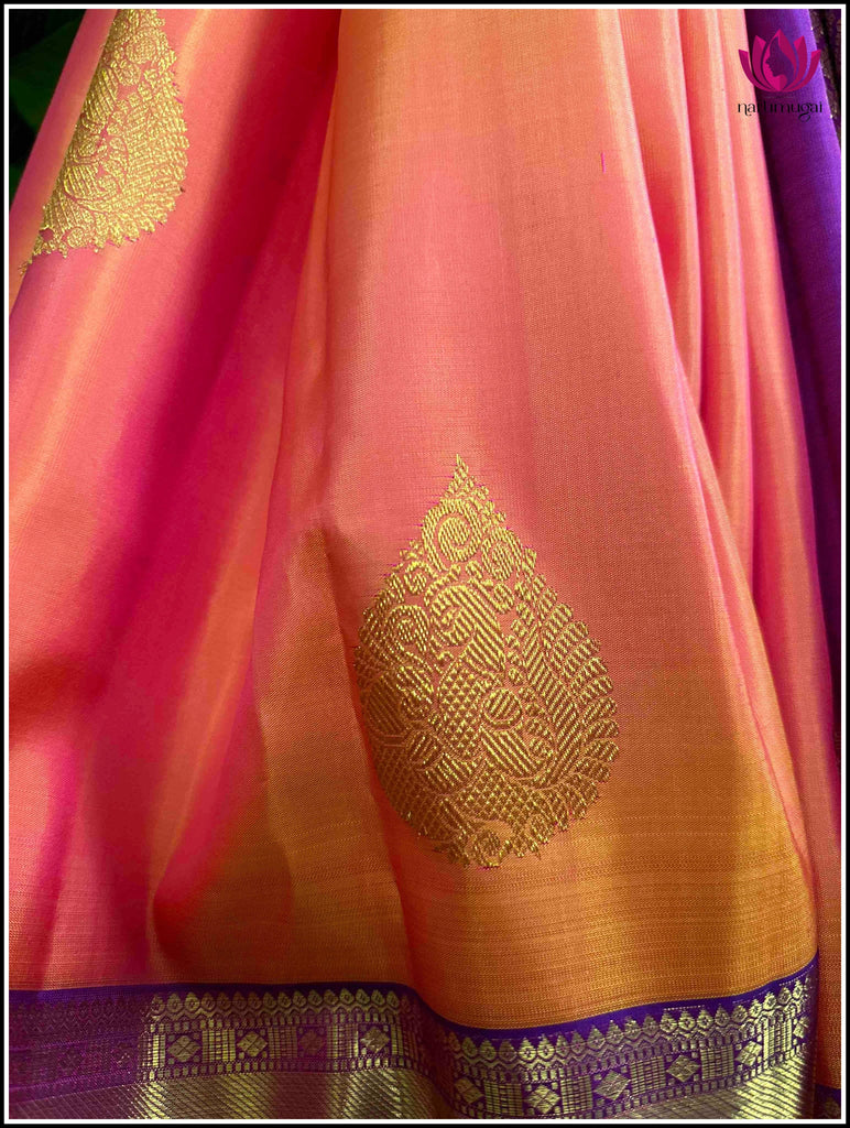 Kanchipuram Silk saree in Golden peach and Purple 11
