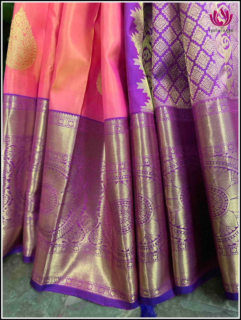Kanchipuram Silk saree in Golden peach and Purple 5