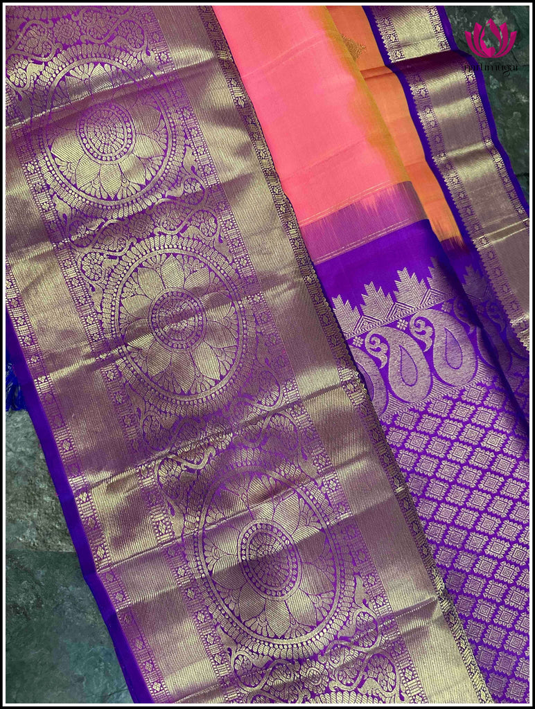 Kanchipuram Silk saree in Golden peach and Purple 2