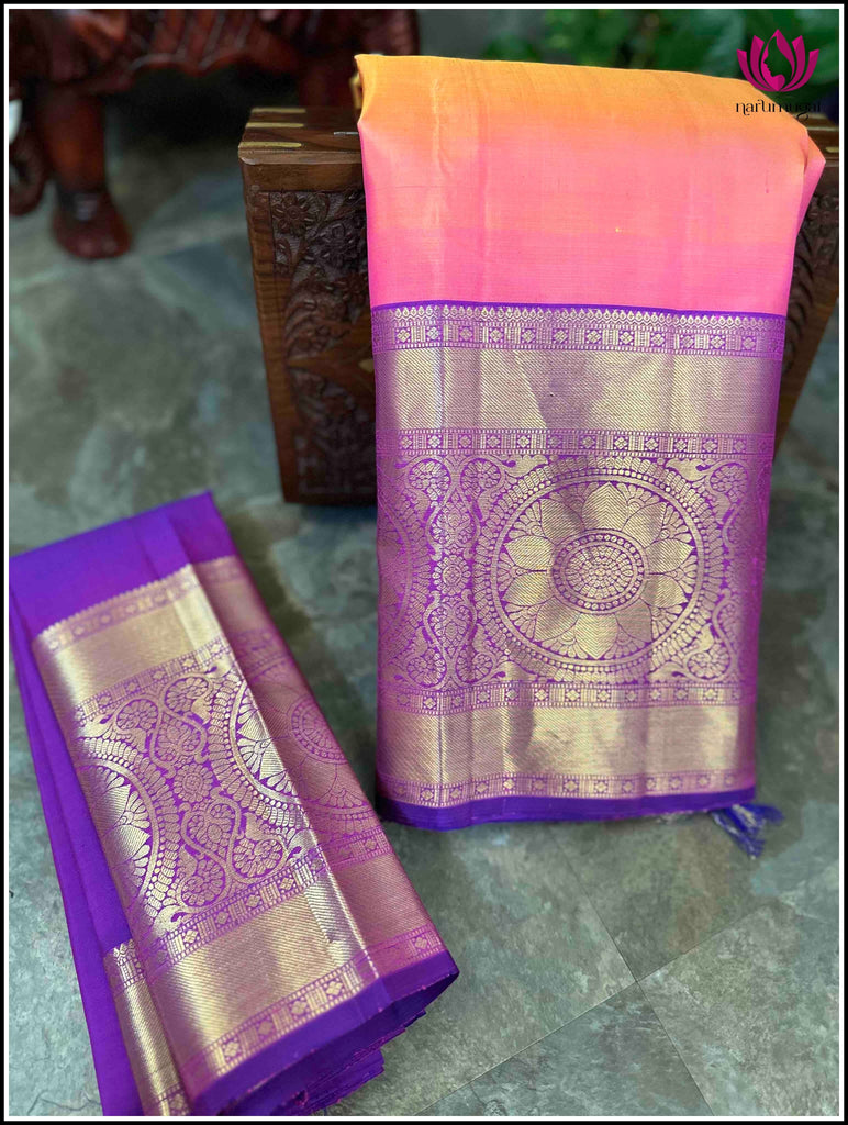 Kanchipuram Silk saree in Golden peach and Purple 1
