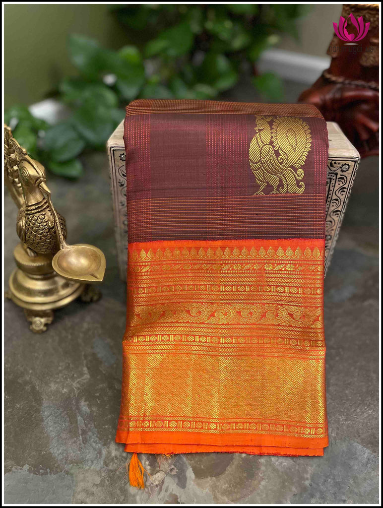 Kanchipuram Silk saree in Brown with bright Orange border - Silk Mark Certified