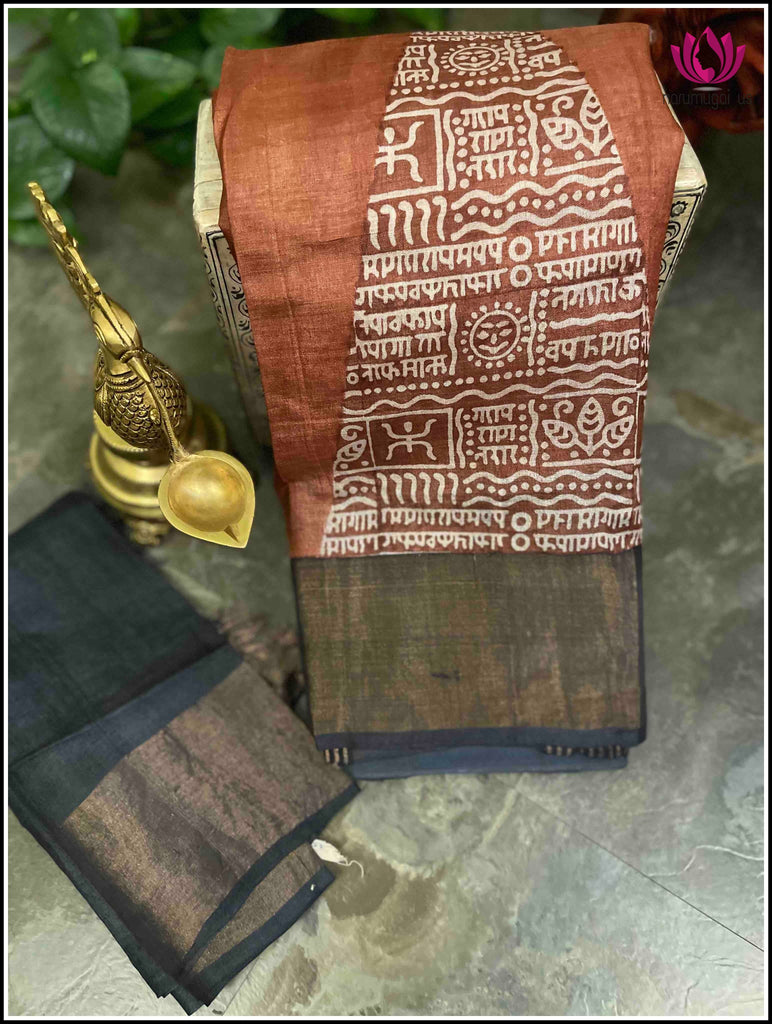 Tussar silk saree in Coral and Black with hand block prints - Silk Mark Certified