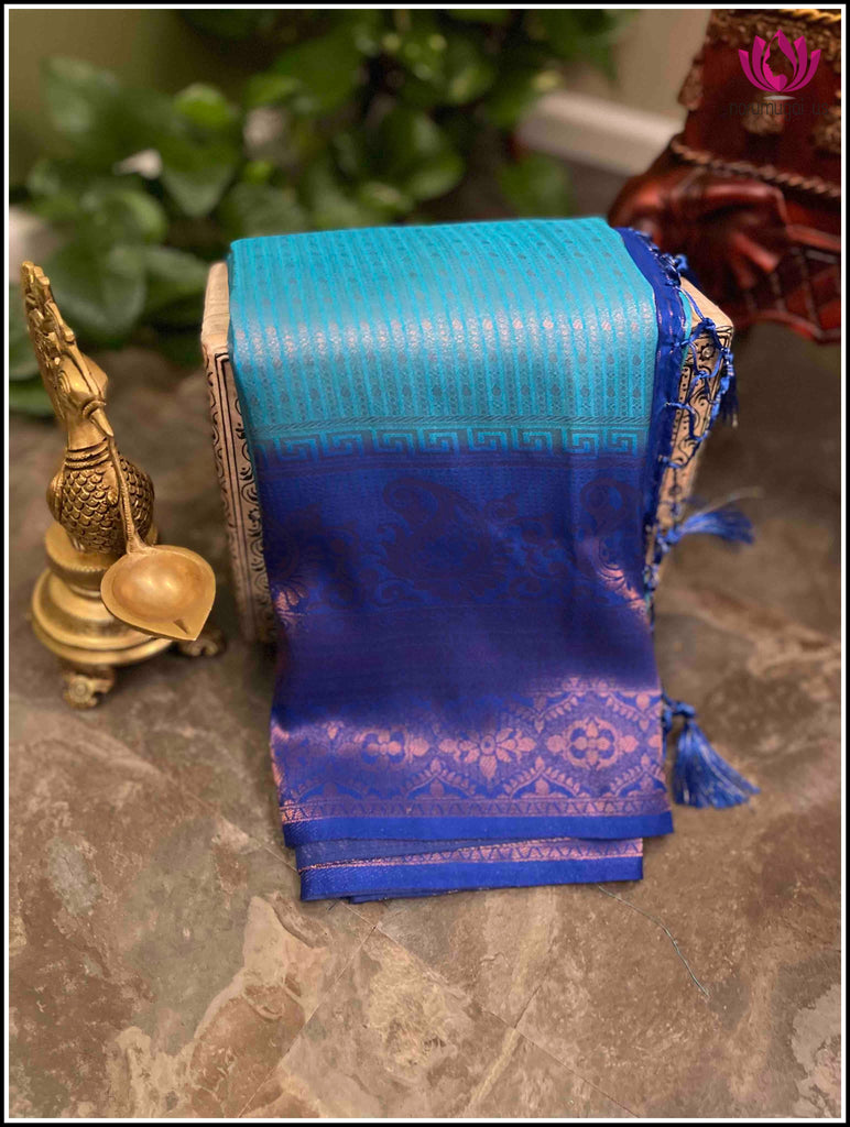 Semi Banarasi silk saree in Light blue and Blue with Copper zari