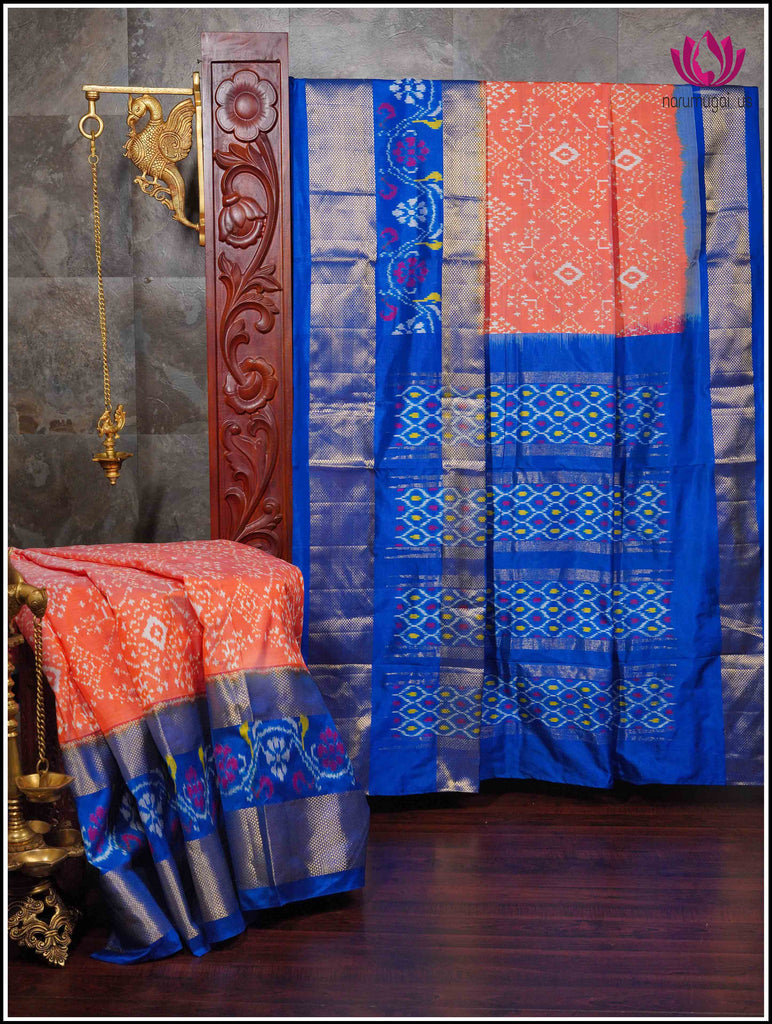 Ikkat Kanchipuram soft silk saree in Orange with Blue border 12