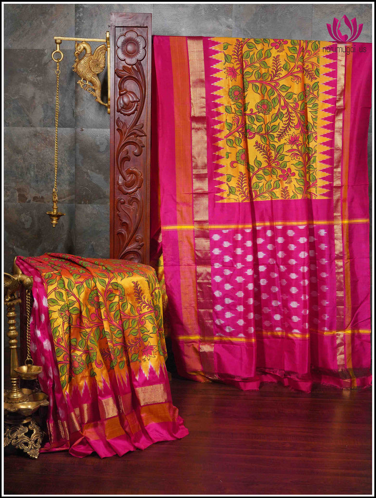 Ikkat soft silk saree in bright Yellow with Pink border and Floral digital print 12