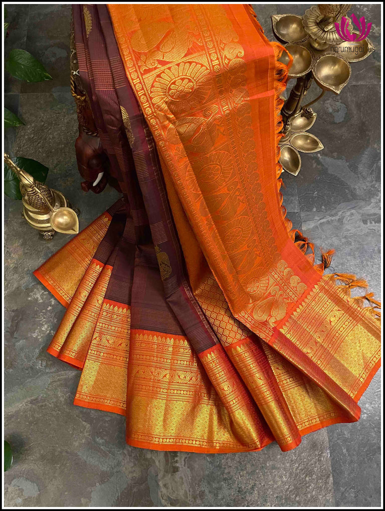 Kanchipuram Silk saree in Brown with bright Orange border - Silk Mark Certified