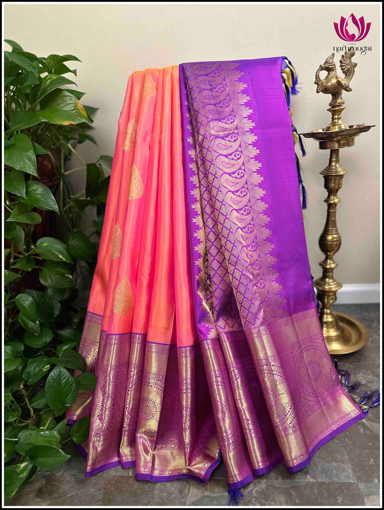 Kanchipuram Silk saree in Golden peach and Purple 12