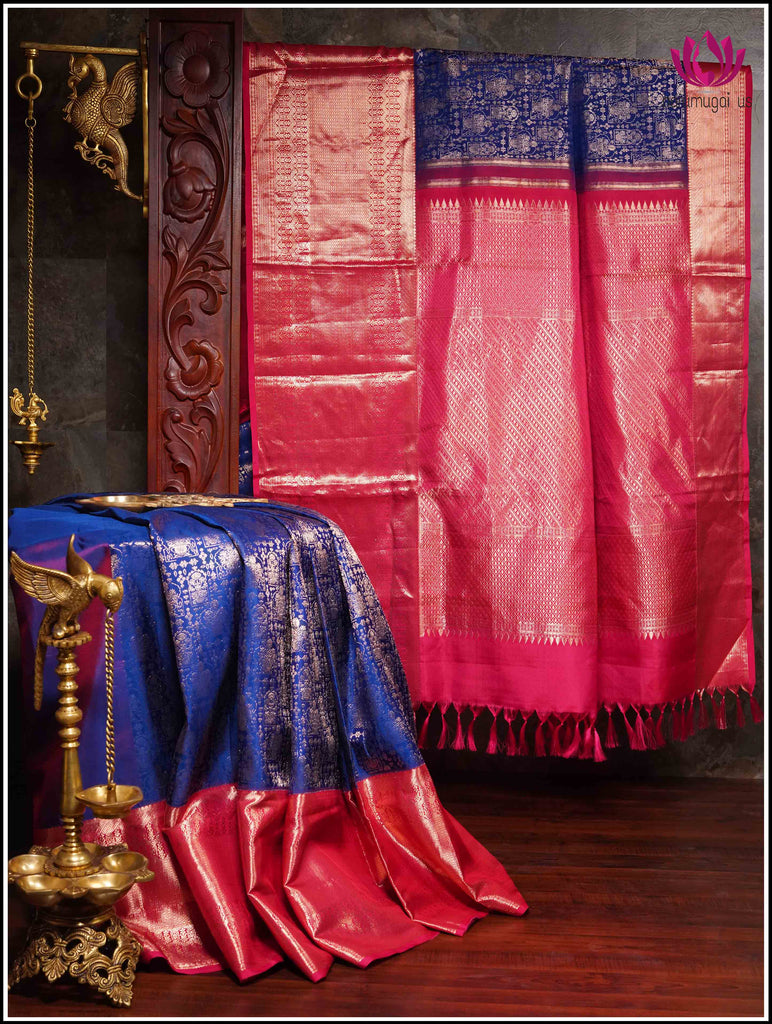 Kanchipuram silk saree in Blue with huge Red border 12