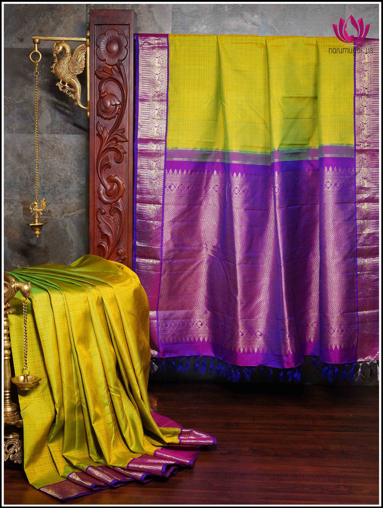 Kanchipuram silk saree in Green and Purple with small checks - Silk Mark Certified