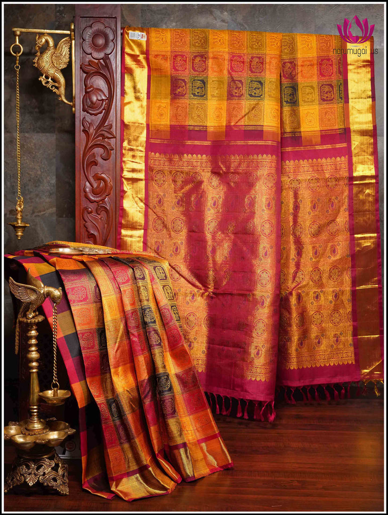 Kanchipuram silk saree in Red with Bomkai like check style-SilkMarkCertified