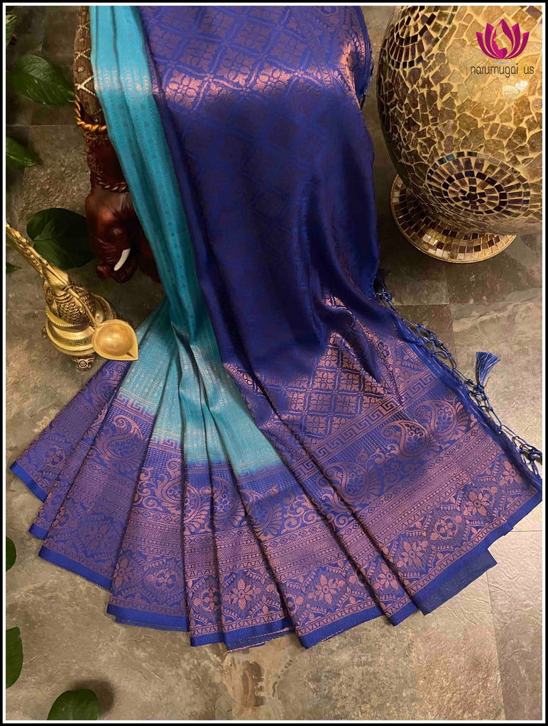 Semi Banarasi silk saree in Light blue and Blue with Copper zari