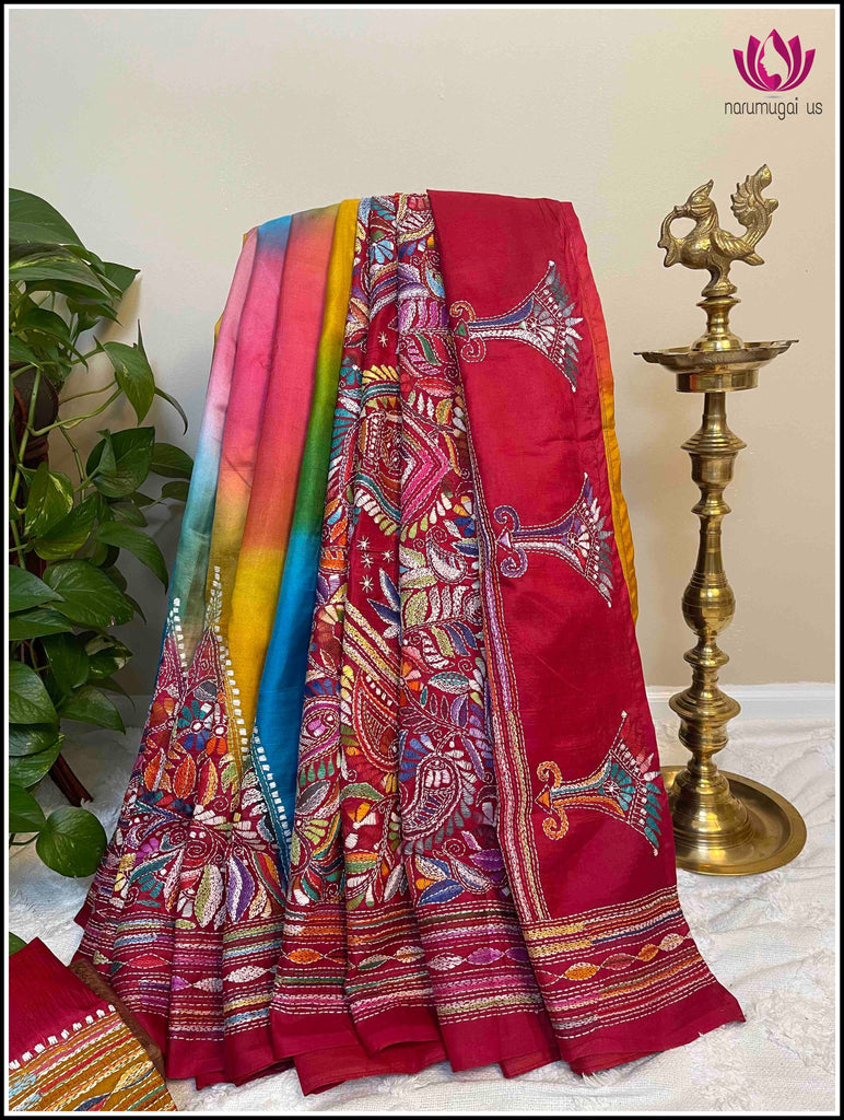 Bangalore silk in Rainbow shibori with hand embroidered Kantha - Silk mark certified