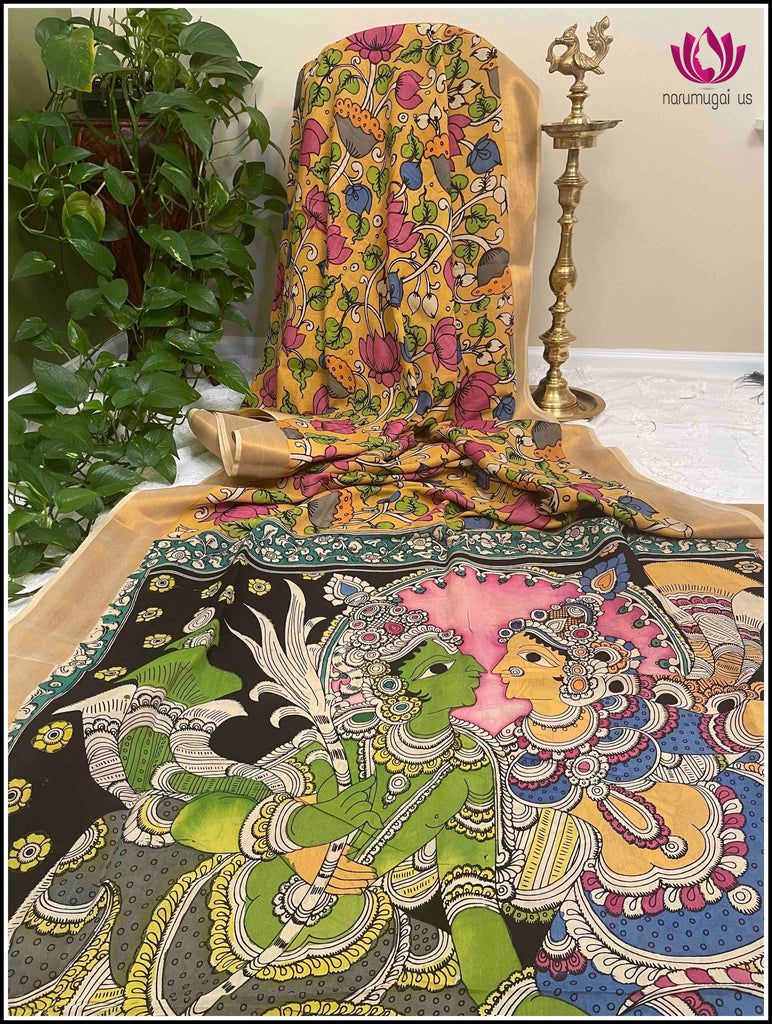 Blended soft silk in Yellow and Half white with authentic pen Kalamkari