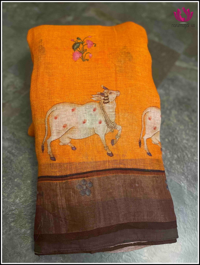 Linen saree in Orange with Pichwai style digital prints