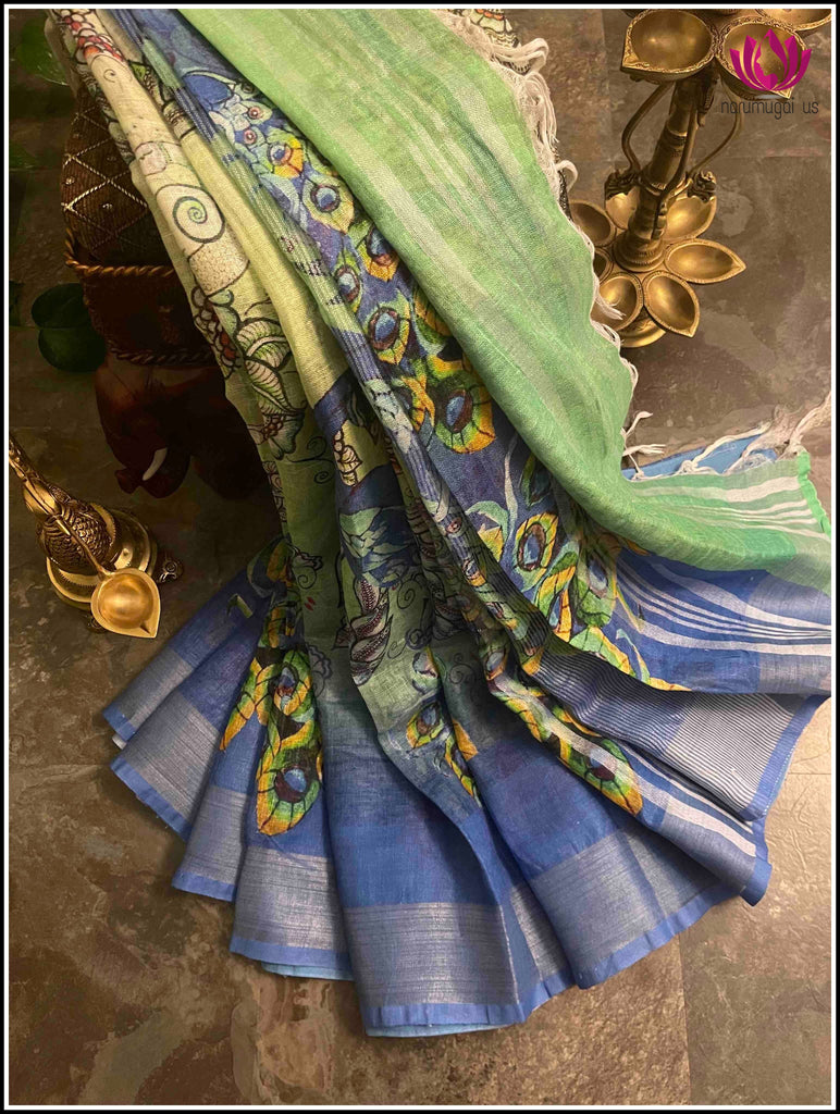 Linen saree in Blue and Green with Peacock digital print