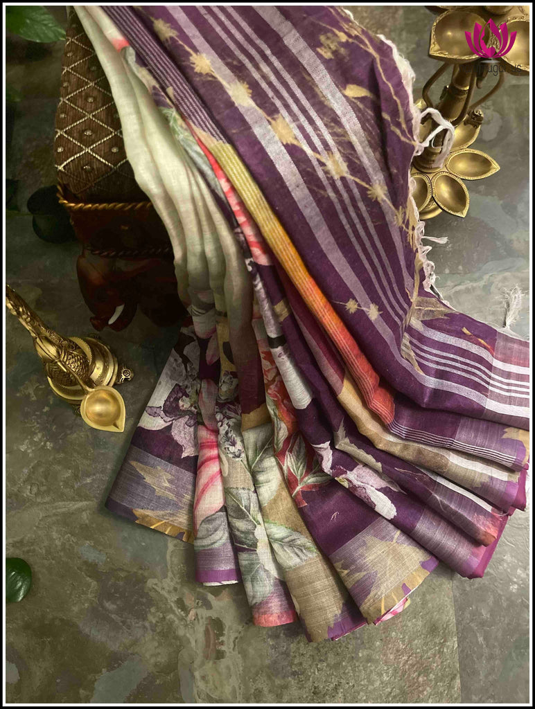 Linen saree in Cream color and Purple with Floral digital print
